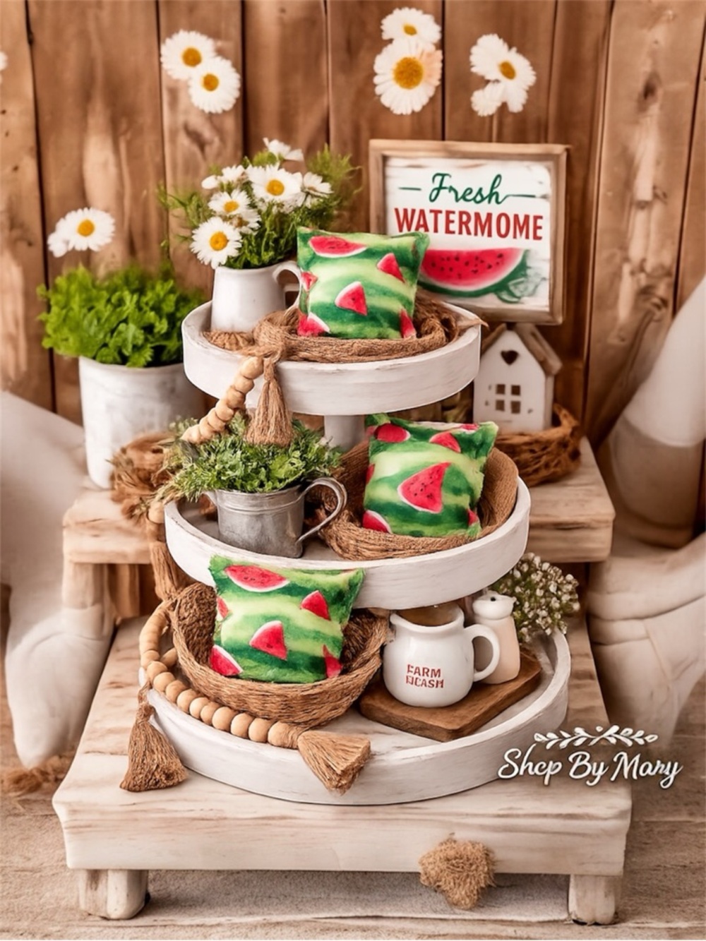 Sweet Summer Watermelon Farmhouse Decor Set | Mini Pillow Tiered Tray Styling